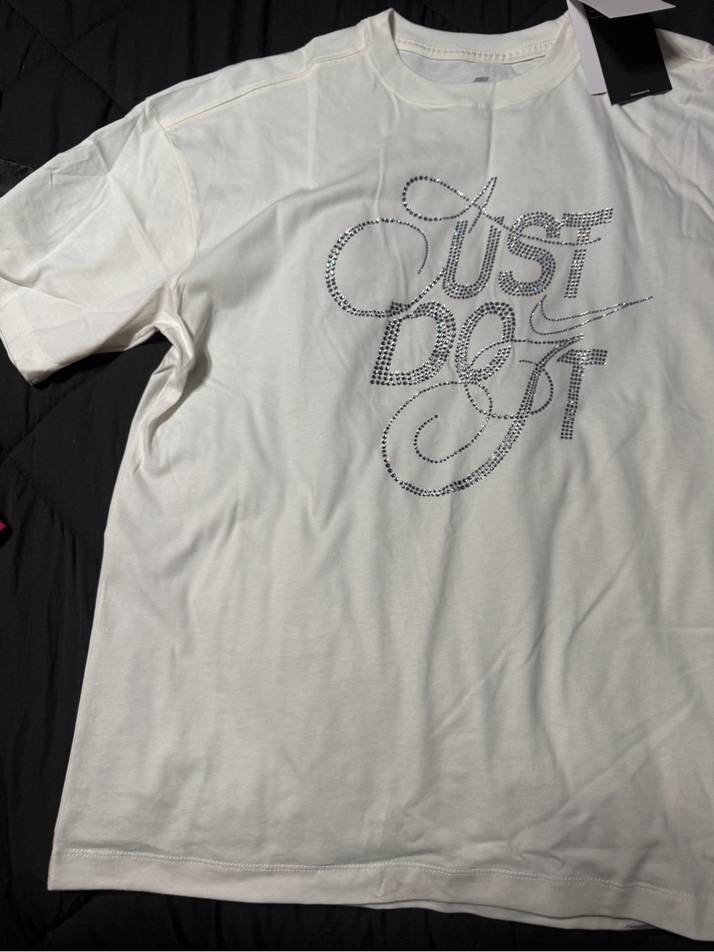 Nike White Short Sleeve Tee oversized with Rhinestone 'Just Do It' Script